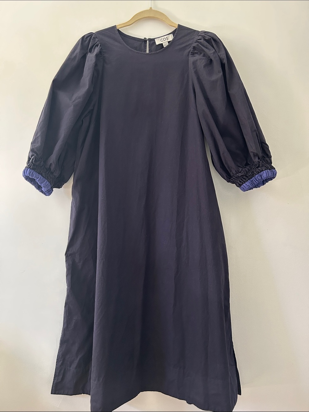 COS Poplin Shift Dress Navy Minimalist with Puff Sleeves and Contrasting Cuffs